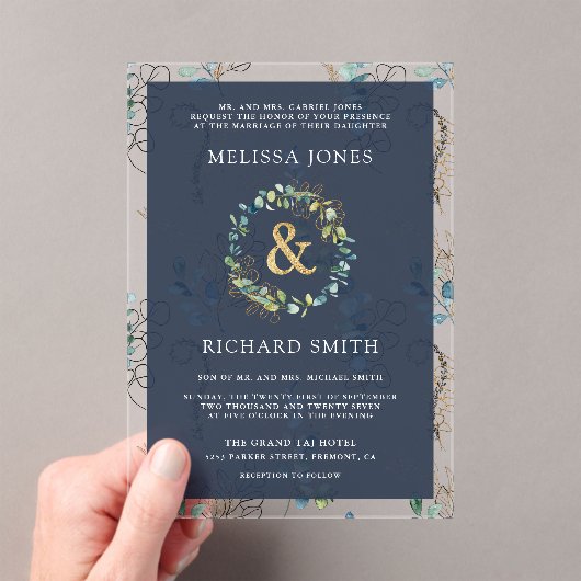 Eucalyptus Gold Ampersand Navy Blue Wedding アクリル招待状 (インサイチュ (ポータブル))