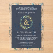 Eucalyptus Gold Ampersand Navy Blue Wedding アクリル招待状 (正面)