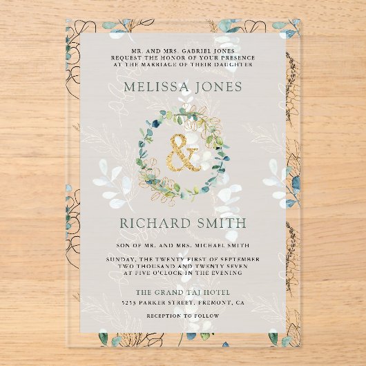 Eucalyptus Gold Ampersand Wedding アクリル招待状 (正面)