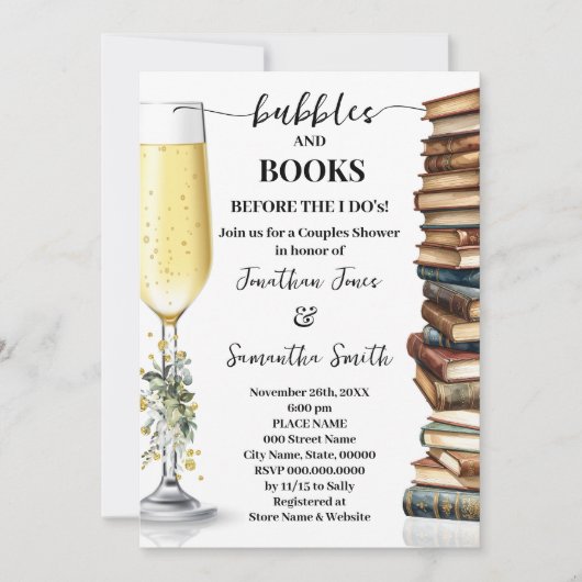 Eucalyptus Gold Bubbles & Books Couples Shower 招待状 (正面)