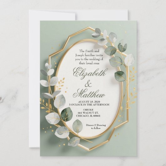 Eucalyptus Gold Geometric Frame Wedding Invite 招待状 (正面)