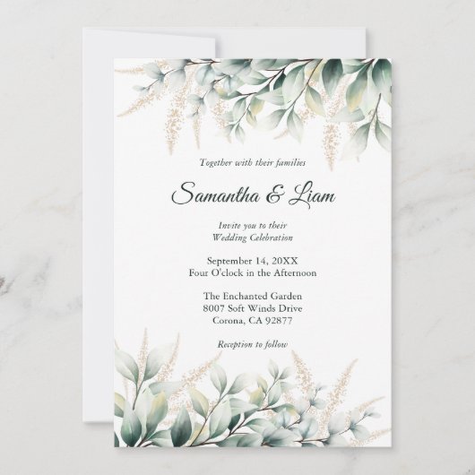 Eucalyptus Gold Greenery Wedding 招待状 (正面)