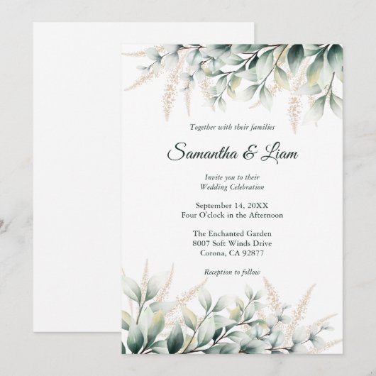 Eucalyptus Gold Greenery Wedding 招待状 (正面/裏面)