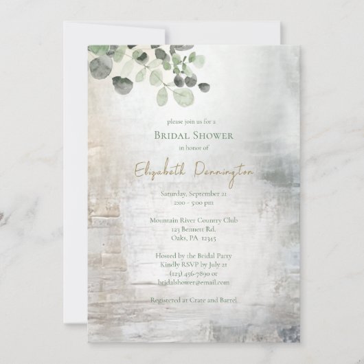Eucalyptus Gray Gold Texture Bridal Shower 招待状 (正面)