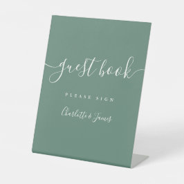 Eucalyptus Green Elegant Modern Script Guest Book 台座サイン