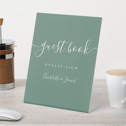 Eucalyptus Green Elegant Modern Script Guest Book 台座サイン (インサイチュ)