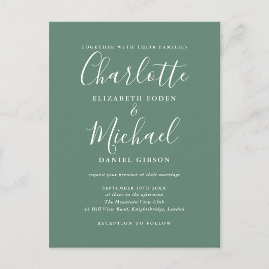 Eucalyptus Green Elegant Modern Script Wedding インビテーションポストカード (正面)