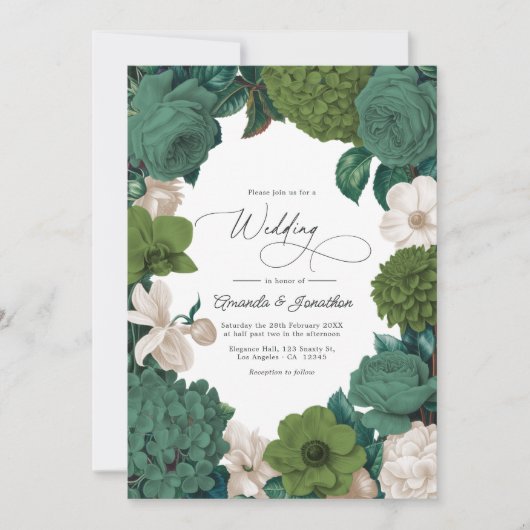 Eucalyptus Green, Fern Olive & Cream Line Wedding 招待状 (正面)