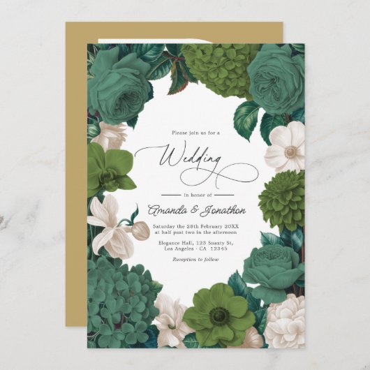 Eucalyptus Green, Fern Olive & Cream Line Wedding 招待状 (正面/裏面)