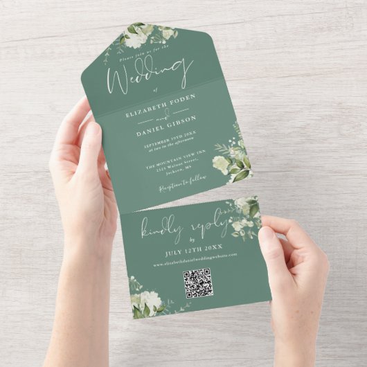 Eucalyptus Green Floral QR Code Monogram Wedding オールインワン招待状 (貼ってはがせる)