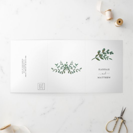 Eucalyptus Green Minimalist Elegant Wedding  三つ折り招待状 (外部)