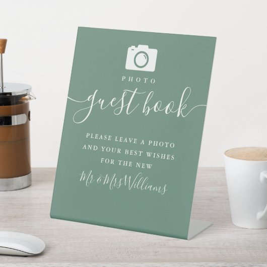 Eucalyptus Green Modern Script Photo Guest Book 台座サイン (インサイチュ)