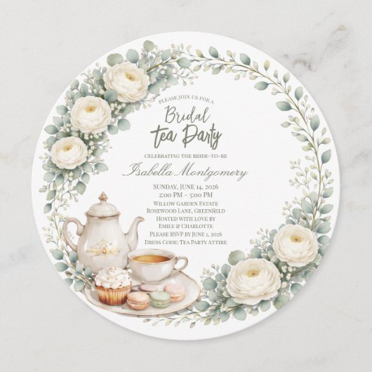 Eucalyptus Green Palette Tea Party Bridal Shower 招待状 (正面)