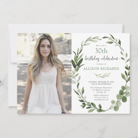 Eucalyptus greenery年齢の成人誕生日の写真 招待状 (正面)