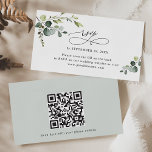 Eucalyptus Greenery結婚のQRコードRSVPカード 名刺<br><div class="desc">Boho Greeneryのコレクションと連携するように設計されたこのカスタマイズ可能な名刺サイズのオンラインRSVPカード結婚は、書グラフィック文字付きの水色の緑の葉と黒の上品なセリフを組み合わせ、背面にQRコードを追加するオプションを備えている。一致する項目が使用可能。</div>