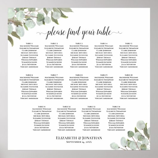 Eucalyptus Greenery 14 Table Wedding Seating Chart ポスター (正面)
