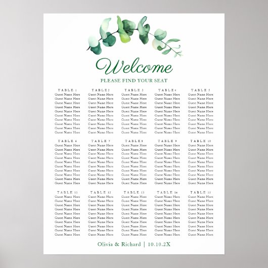 Eucalyptus Greenery 15 Table Wedding Seating Chart ポスター (正面)