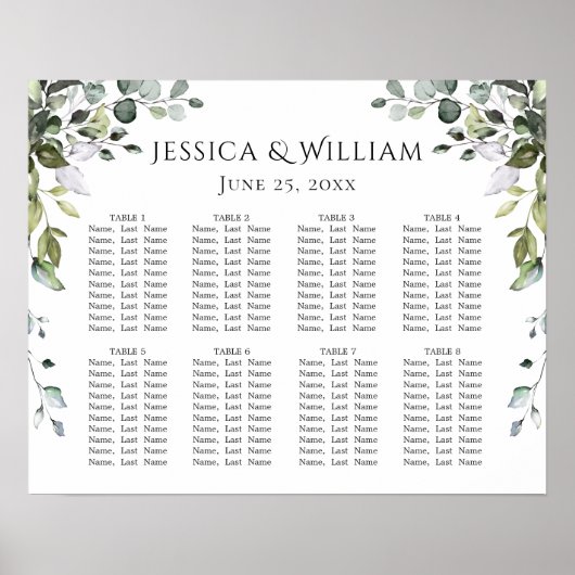 Eucalyptus Greenery 8 Tables Wedding SEATING CHART ポスター (正面)