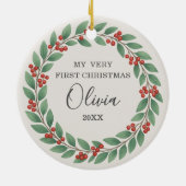 Eucalyptus Greenery Baby First Christmas Photo セラミックオーナメント (裏面)