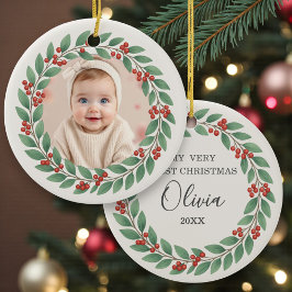Eucalyptus Greenery Baby First Christmas Photo セラミックオーナメント