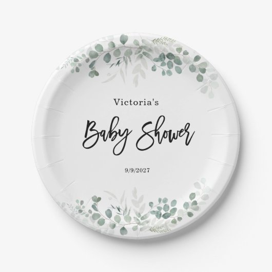 Eucalyptus Greenery  Baby Shower ペーパープレート (正面)