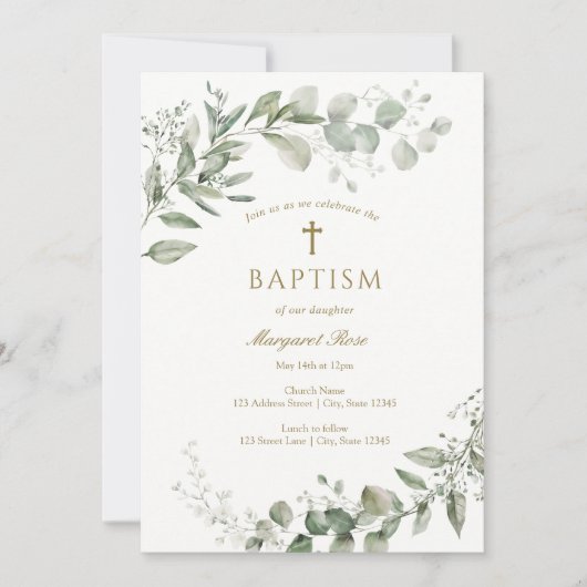 Eucalyptus Greenery Baptism Religious 招待状 (正面)