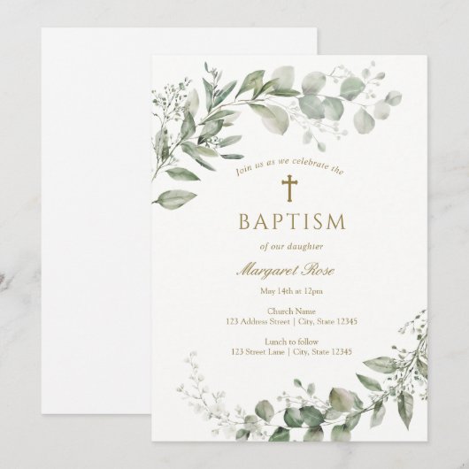 Eucalyptus Greenery Baptism Religious 招待状 (正面/裏面)