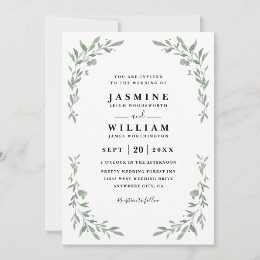 Eucalyptus Greenery Elegant Modern QR Code Wedding 招待状 (正面)