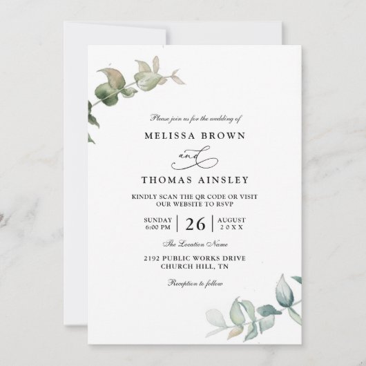Eucalyptus Greenery Elegant Modern QR Code Wedding 招待状 (正面)