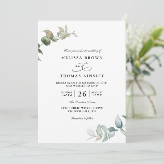 Eucalyptus Greenery Elegant Modern QR Code Wedding 招待状 (スタンド正面)