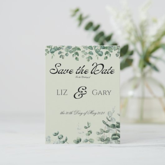Eucalyptus Greenery Elegant Wedding Save the Date ポストカード (スタンド正面)