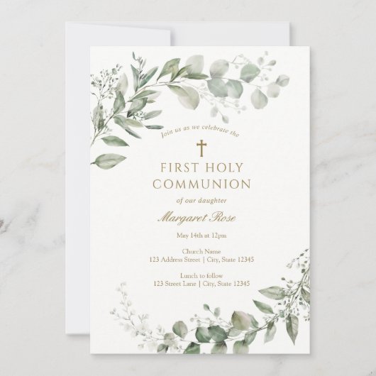 Eucalyptus Greenery First Communion Religious 招待状 (正面)