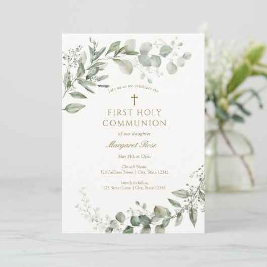 Eucalyptus Greenery First Communion Religious 招待状 (スタンド正面)