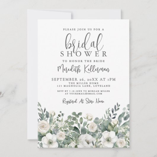 Eucalyptus Greenery Floral Bridal Shower 招待状 (正面)