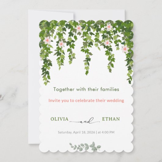 Eucalyptus Greenery & Floral Scalloped Wedding Inv 招待状 (正面)