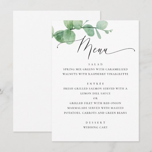Eucalyptus Greenery Garden Wedding. Elegant Script メニュー (正面/裏面)