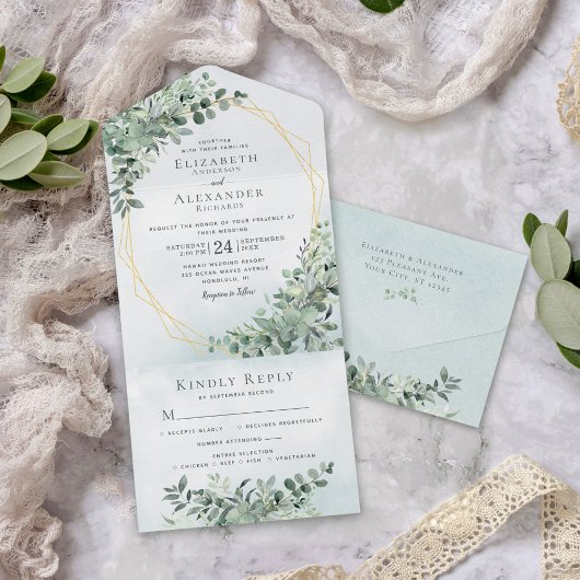 Eucalyptus Greenery Gold All in One Wedding Invite オールインワン招待状