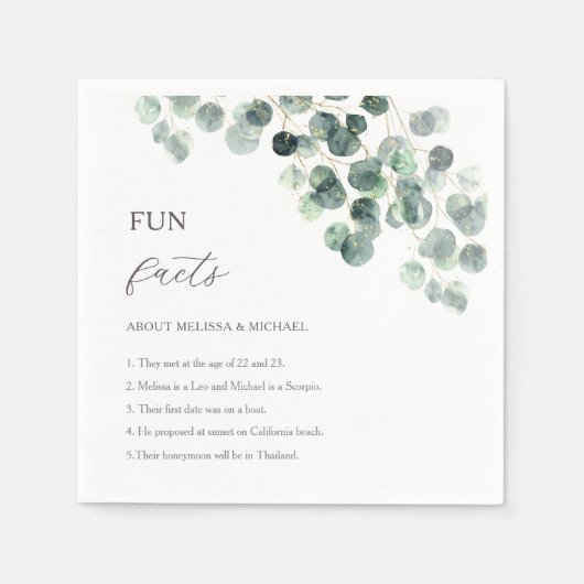 Eucalyptus Greenery Gold Fun Facts Wedding  スタンダードカクテルナプキン (正面)