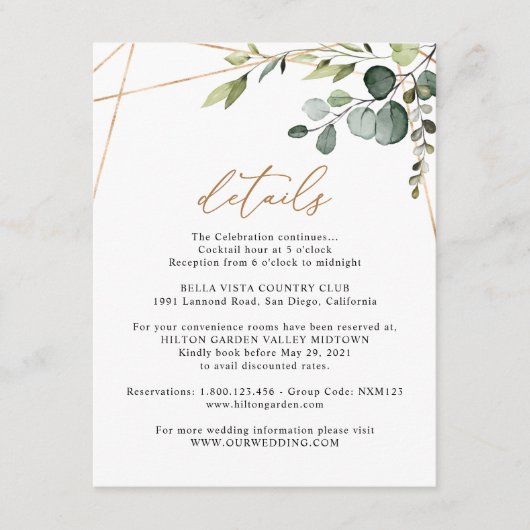 Eucalyptus Greenery Gold Geometric Details Wedding エンクロージャーカード (正面)