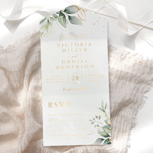 Eucalyptus Greenery Gold Leaves Botanical Wedding オールインワン招待状
