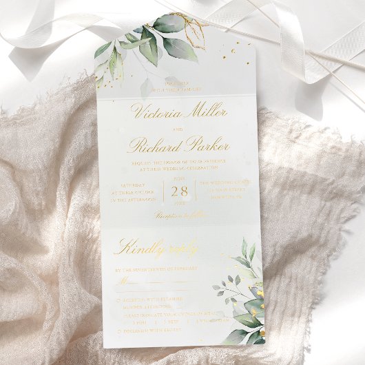 Eucalyptus Greenery Gold Leaves Botanical Wedding オールインワン招待状