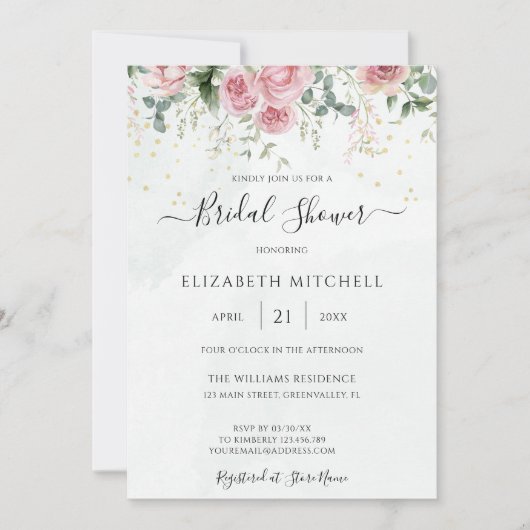 Eucalyptus Greenery Gold Leaves Bridal Shower 招待状 (正面)