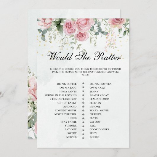 Eucalyptus Greenery Gold Leaves Bridal Shower game 招待状 (正面/裏面)