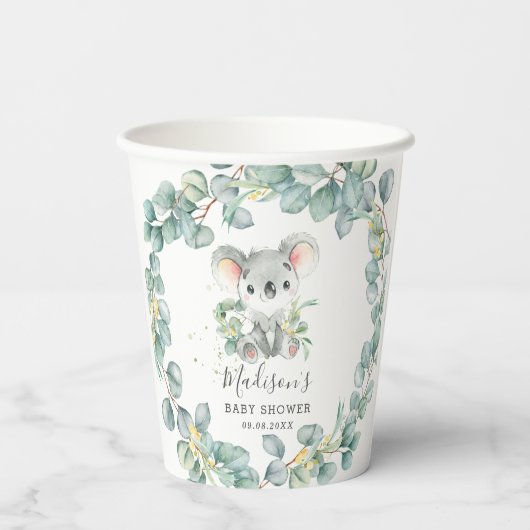 Eucalyptus Greenery Koala Baby Boy Shower Birthday 紙コップ (裏面)