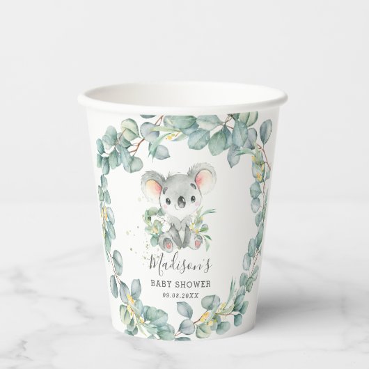 Eucalyptus Greenery Koala Baby Boy Shower Birthday 紙コップ (正面)