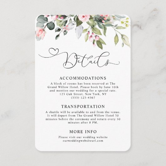 Eucalyptus Greenery Pink Floral Wedding Details エンクロージャーカード (正面)