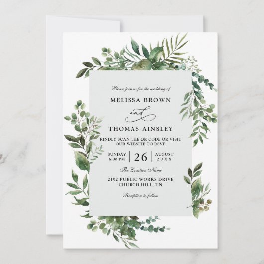 Eucalyptus Greenery Rustic Budget QR Code Wedding 招待状 (正面)