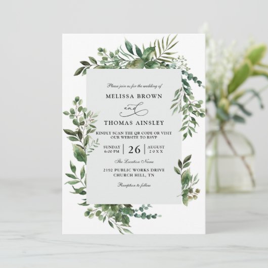 Eucalyptus Greenery Rustic Budget QR Code Wedding 招待状 (スタンド正面)