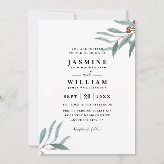 Eucalyptus Greenery Rustic Elegant QR Code Wedding 招待状 (正面)