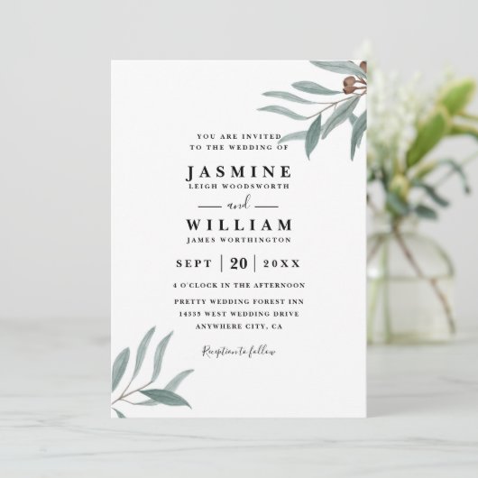 Eucalyptus Greenery Rustic Elegant QR Code Wedding 招待状 (スタンド正面)